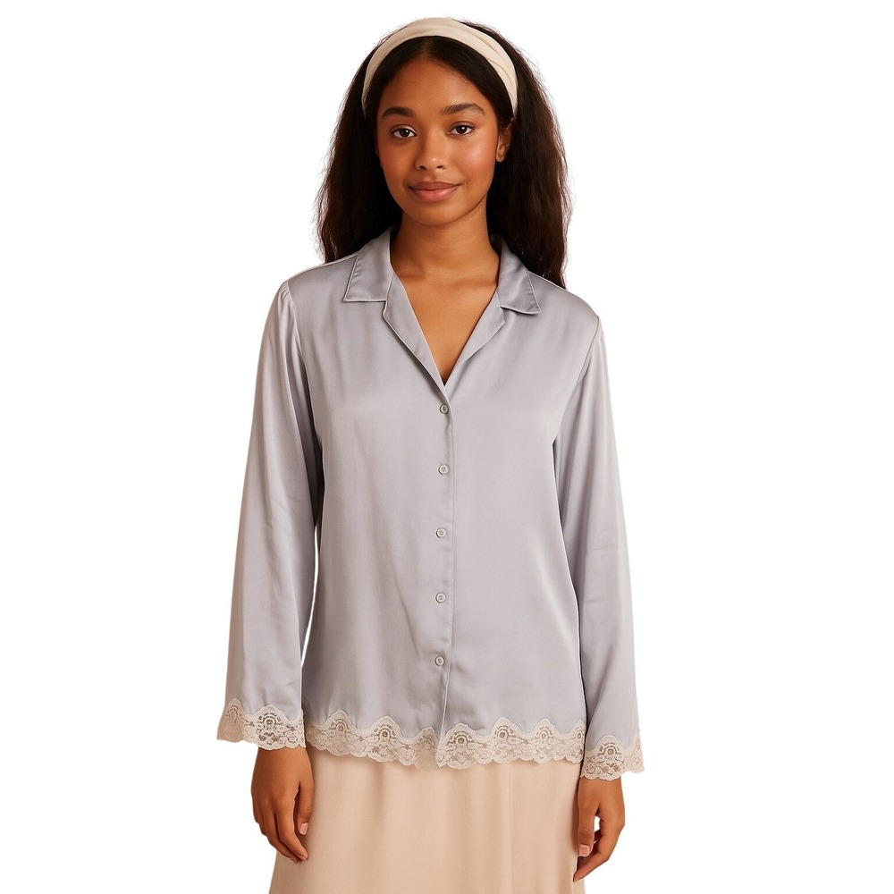 CLAIRE'S ROSE 90's 100% Silk Button Down Blouse Lace Trim‎ Light Gray Lavender M